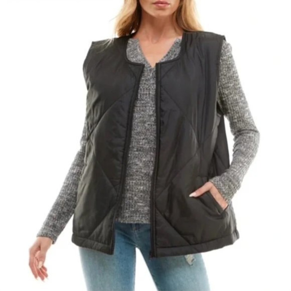 New Socialite S/M Small Medium Solid Black Quilted‎ Oversized Puffer Vest Jacket